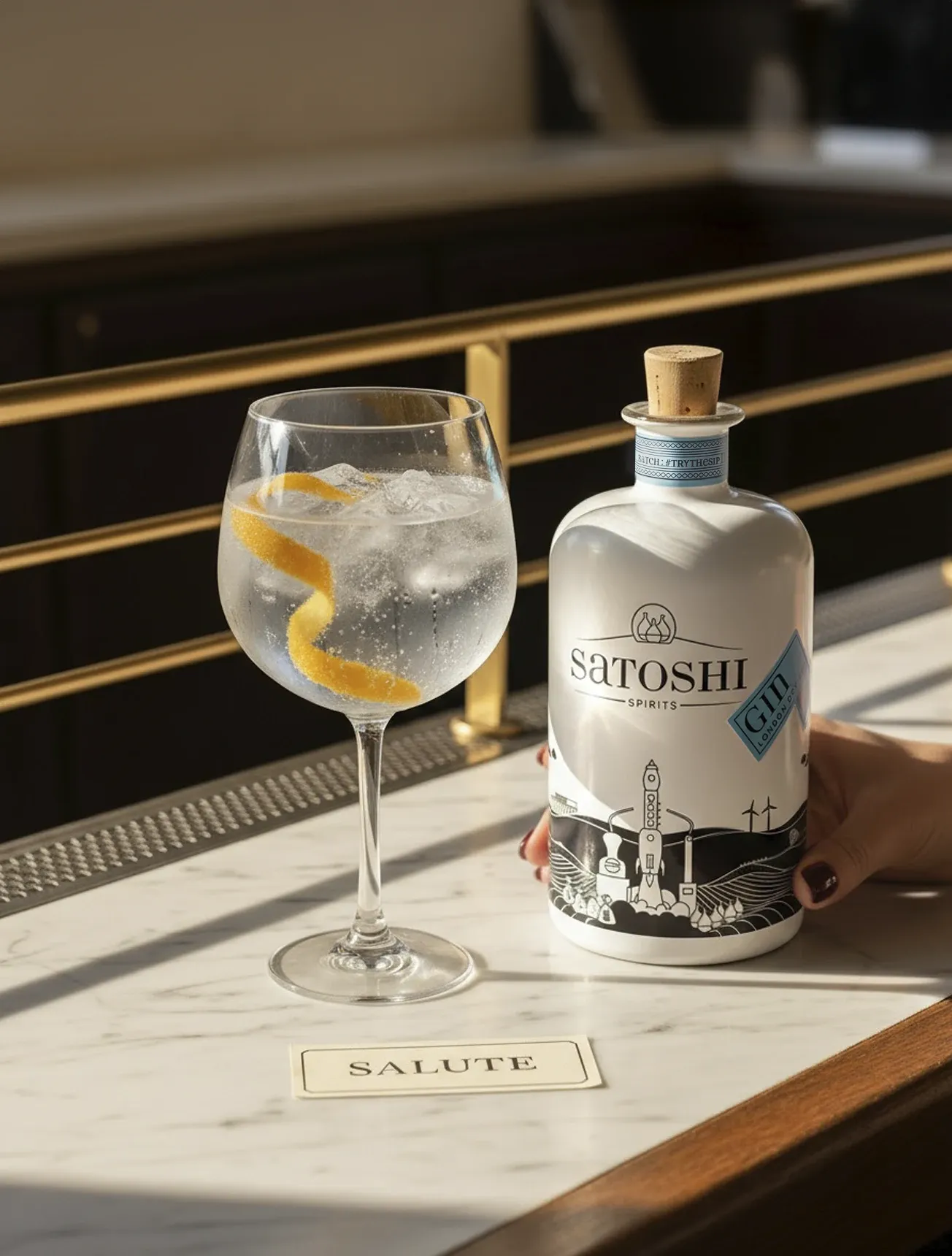 Elegante Frauenhand hält 0,5 Liter Flasche Satoshi London Dry Gin neben einem mit Eis gefüllten Satoshi Gin & Tonic Coppa Glas
